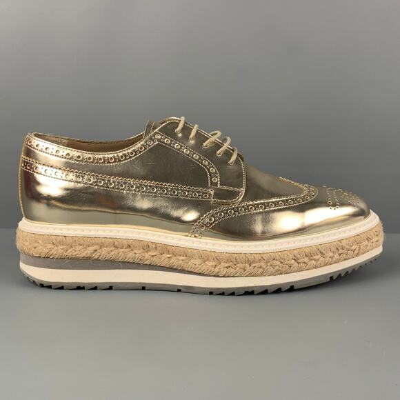 PRADA Size 6.5 Gold Leather Perforated Wingtip Lace Up Shoes - Picture 1 of 1